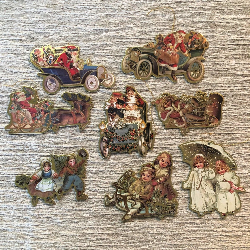 VTG lot Victorian 31 Christmas ornaments chipboard foil angel baby Santa cats